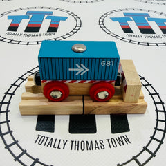 Container Wagon Blue with Buffer and Track Wooden - New in Box