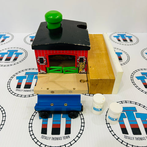 Sodor Dairy Farm Missing Fence with 2 Milk Barrel and 1 Barrel Car #3 Wooden - Used