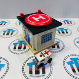Rescue Hospital Writing on Base #3 with Ramp and Ambulance Good Condition Wooden - Used