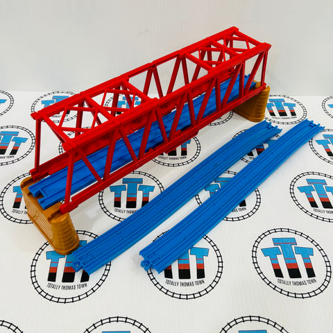 Large Red Iron Bridge with Orange Risers and Ascending Track Used - TOMY