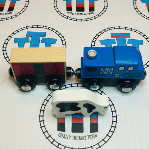 Blue Train with Box Car & Cow Generic Brand Wooden - Used