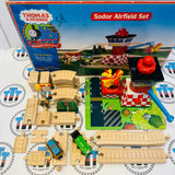 Sodor Airfield Set with Duck (Writing on Bottom), Flatbed and Tiger Moth (2001) Clickity Clack Wooden - Used in Marked Box