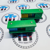 Box Cars Green Pair (Learning Curve 2003) Fair Condition Chipping Paint Wooden - Used