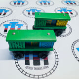 Box Cars Green Pair (Learning Curve 2003) Fair Condition Chipping Paint Wooden - Used