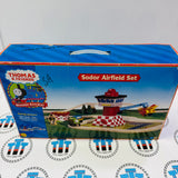 Sodor Airfield Set with Duck (Writing on Bottom), Flatbed and Tiger Moth (2001) Clickity Clack Wooden - Used in Marked Box