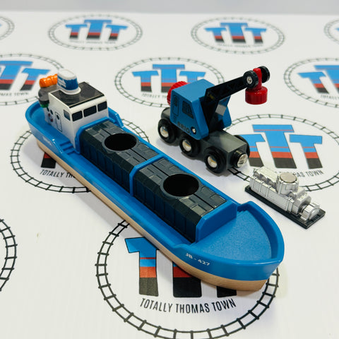 BRIO Freight Ship with Crane and 1 Cargo Piece 33534 Wooden - Used