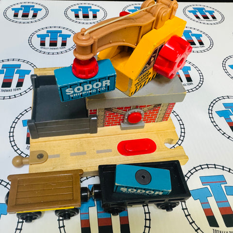 Cargo Transfer Station #2 with 2 Cargo Pieces, 1 Cargo Car, 1 Flatbed and Sound Fair Condition Marked #1 Wooden - Used