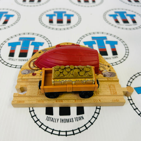 Pirate Ship with Track and Present Cargo Car with Treasure Chest Wooden - Used