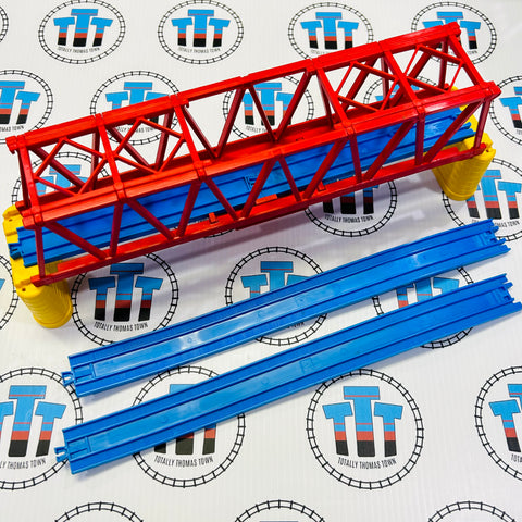 Large Red Iron Bridge with Yellow Risers and Ascending Track Used - TOMY