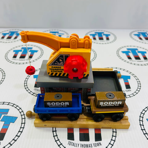 Cargo Transfer Station with 2 Cargo Pieces, 1 Cargo Car (Fair Condition), 1 Flatbed and Sound #1 Wooden - Used